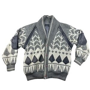 Vintage Saxony Sweater Men M Gray Geometric Chevron Leather Wool Elbow Patches